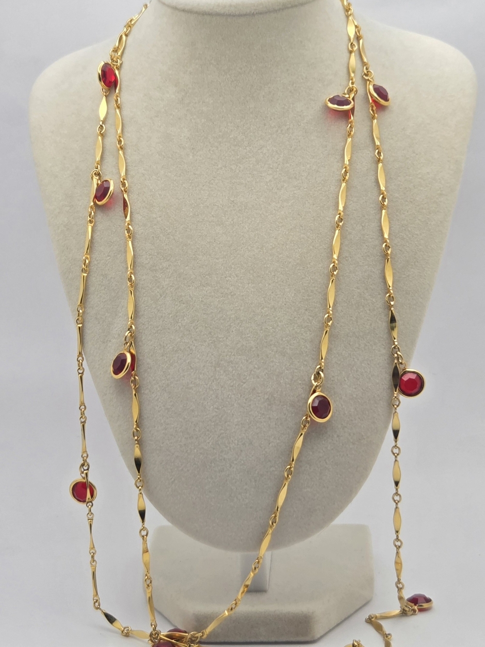 Vintage Red Glass Station Flapper Style Necklace – 50" Long